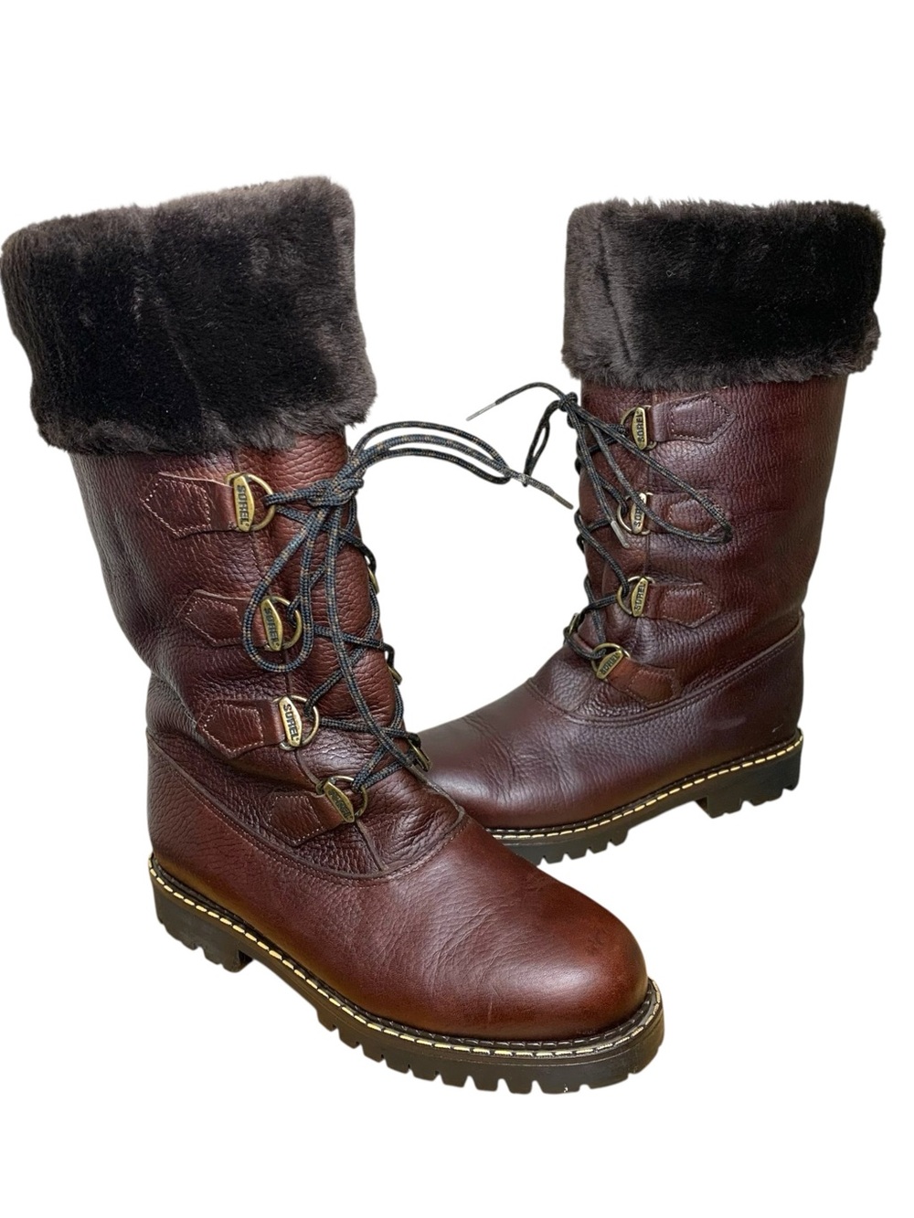 VTG Sorel Brown Leather Lace-Up Winter Boots Fur-Trim Warm Fleece Lined Sz 7